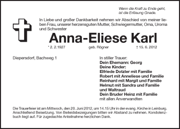 Traueranzeige von Anna-Eliese Karl von Pegnitz-Zeitung